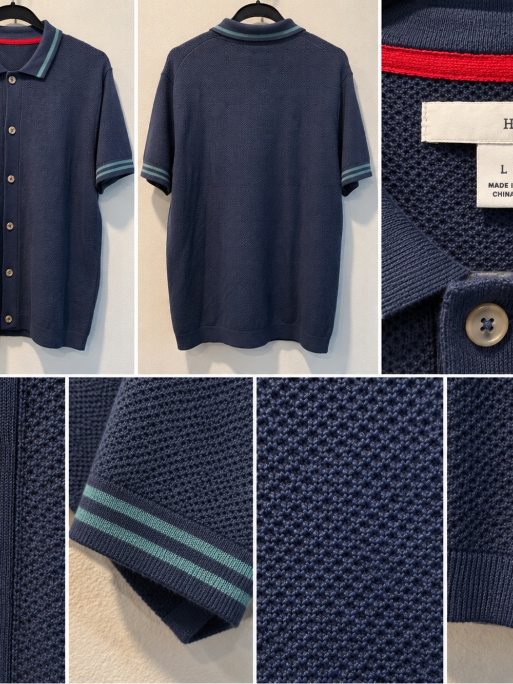 Men's Navy Short-Sleeve Button Down Polo with Teal Stripe Detail